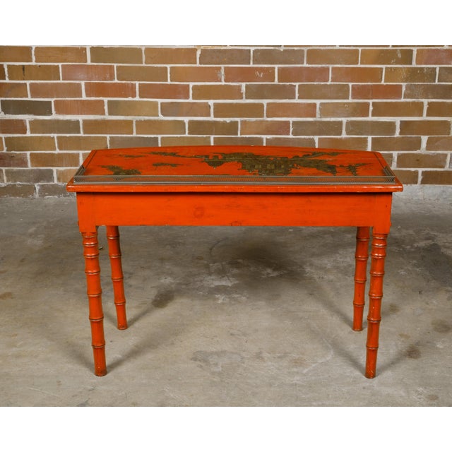 Paint English Red Lacquer Faux Bamboo 19th Century Desk with Gilded Chinoiserie Décor For Sale - Image 7 of 12