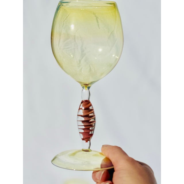 Contemporary Hand-Blown Opalescent Yellow Tint Wine Glasses – Set of 2 Art Glass Stems For Sale In Boise - Image 6 of 9