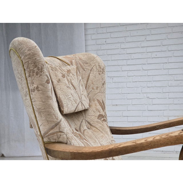 Vintage Danish Lounge Chair in Furniture Fabric and Carved Oak, 1950s For Sale - Image 11 of 18