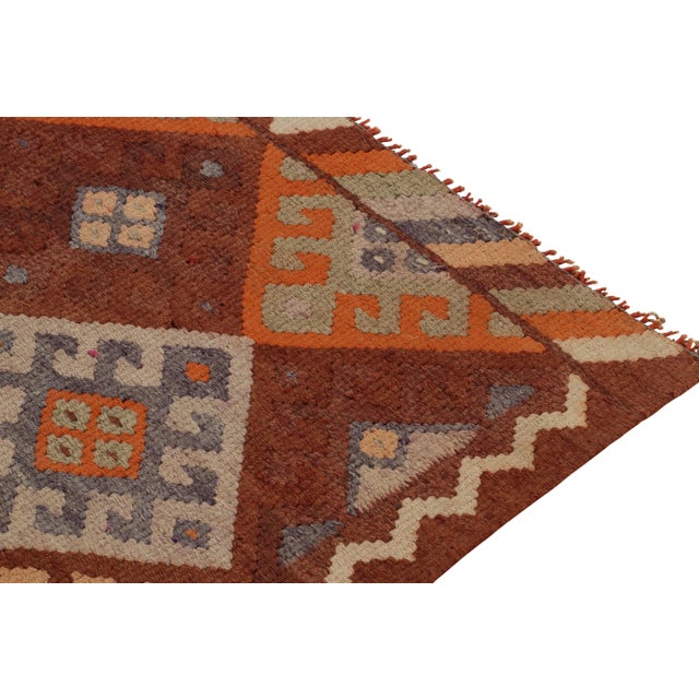 1950s Vintage Tribal Kilim Runner in Rust Brown, Orange and Blue Geometric Patterns For Sale - Image 5 of 8