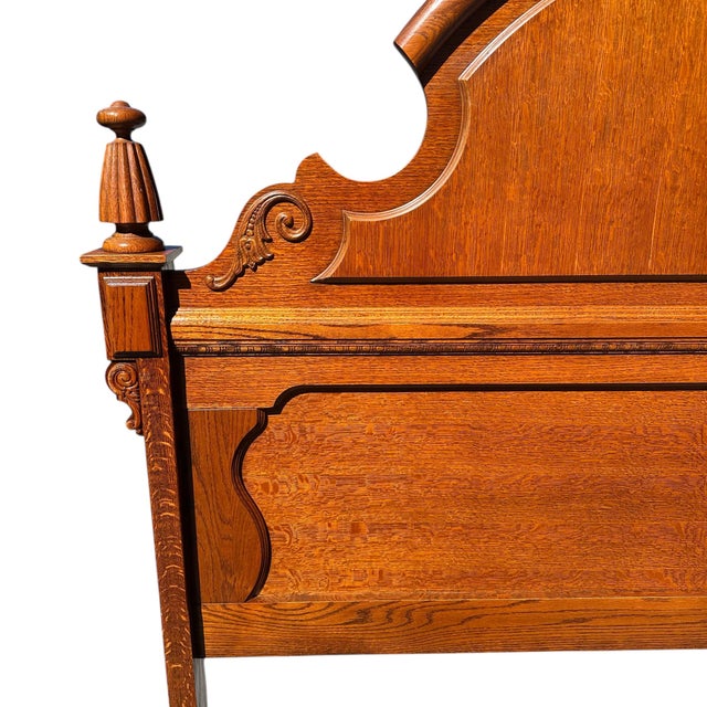 1990s Lexington Carved Victorian Mansion Oak Bed - Queen Size For Sale - Image 9 of 16
