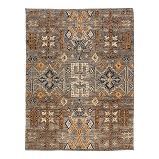Modern Tulu Tribal Wool Rug – Geometric Charcoal, Tan & Slate Blue 9x12 For Sale