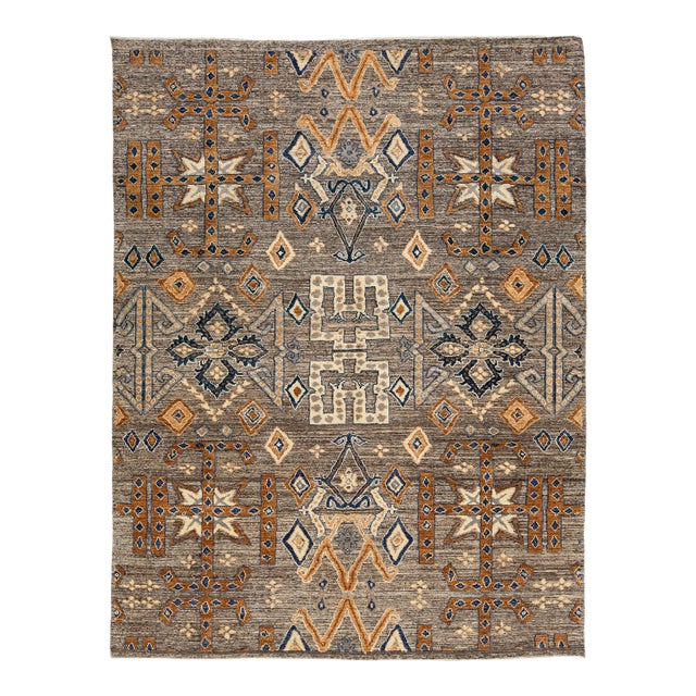 Modern Tulu Tribal Wool Rug – Geometric Charcoal, Tan & Slate Blue 9x12 For Sale