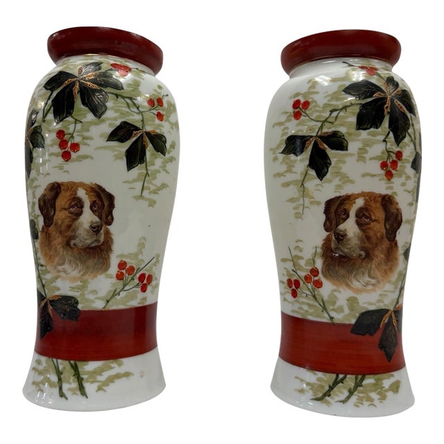 Antique Meiji Period Japanese Kutani Porcelain Dog & Berries Vases - A Pair For Sale