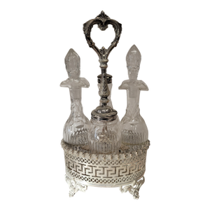 Antique Silverplate and Crystal Four Bottle Cruet Set