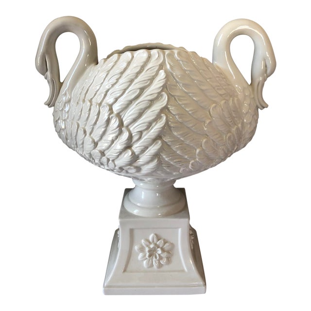 Vintage White Italian Pottery Swan Urn Centerpiece For Sale