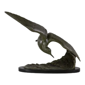 1940s French Art Nouveau Patinated Bronze Sculpture of A Tern In-Flight by Irénée Rochard