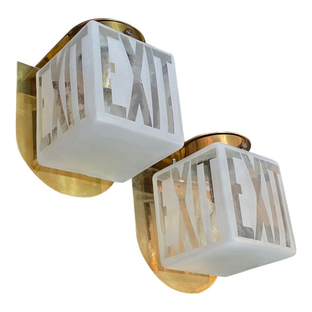 Vintage Art Deco Light Old Lamp Wall Sconces Fixture Brass & Exit Frosted Cube Glass Shade Lamp Ship Light - a Pair For Sale