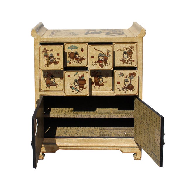 Chinese Golden Beige Veneer Print Graphic Side Table Drawers