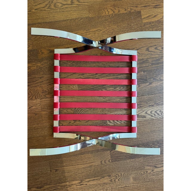 Authentic Design Within Reach Barcelona Stools – Red Tufted Leather & Chrome X‑Base – Set of 2 For Sale - Image 9 of 14