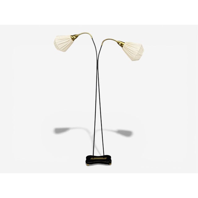 Eskilstuna Elektrofabrik, Swedish Modern, Adjustable Floor Lamp, Lacquered Metal, Brass, Wood, Fabric, Sweden, 1960s A...