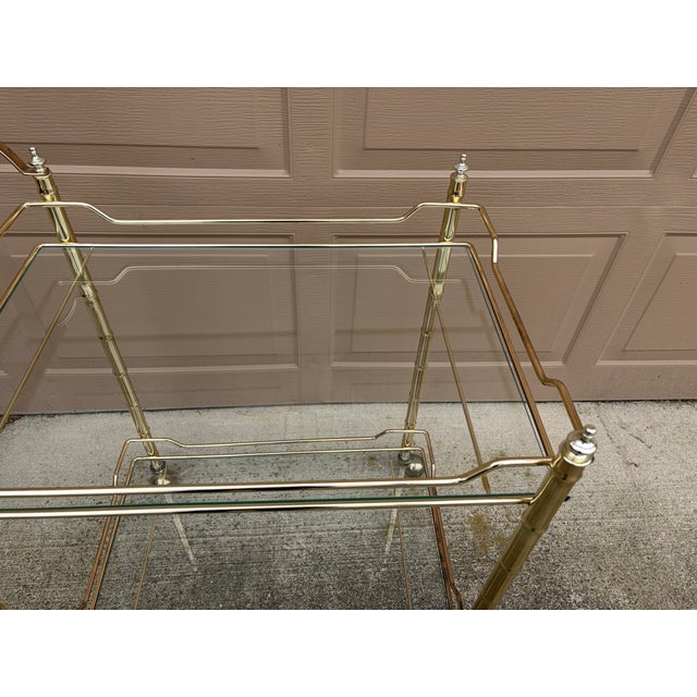 1960s Mid-Century Hollywood Regency Faux Bamboo Brass and Glass Bar Cart For Sale In South Bend - Image 6 of 11