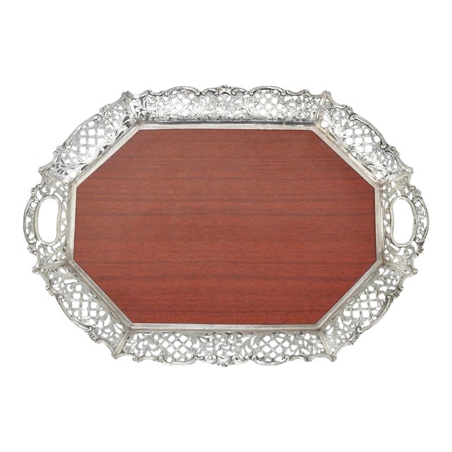 Vintage Victorian Melamine & Silver Plated Faux Wood Bar Liquor Serving Tray For Sale