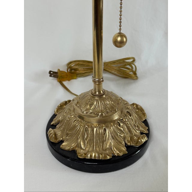 Antique Brass Acanthus Leaf Buffet Table Lamps Brass Pull Chains Black Marble Bases - a Pair For Sale In Phoenix - Image 6 of 12