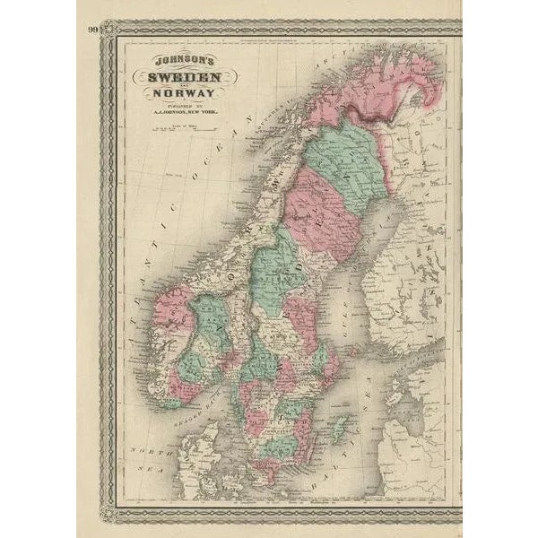 Antique Map of Sweden and Norway and Denmark by Johnson, 1872 For Sale - Image 3 of 6