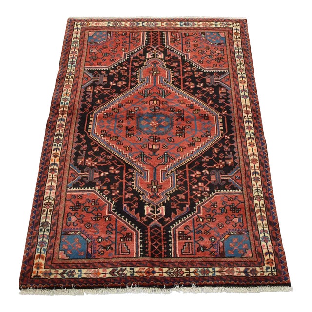 Zanjan Rug 3’7” X 5′ Blue Wool Vintage Tribal Hand-Knotted Oriental Carpet For Sale
