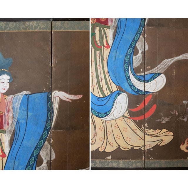 Large Meiji to Early Showa Japanese 8-Panel Painted Byobu Screen "Celestial Maiden" For Sale In Dallas - Image 6 of 18