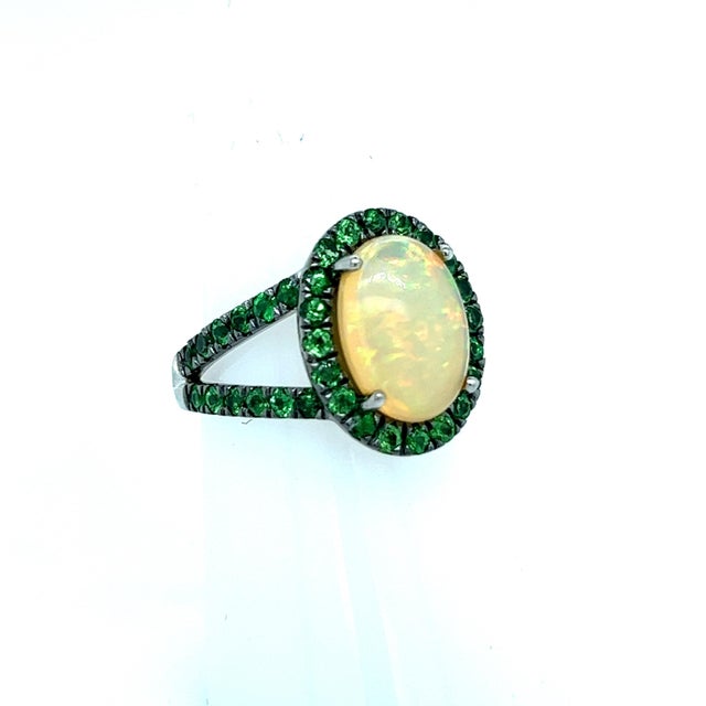Traditional Natural Opal Tsavorite Ring 14k Gold 5.66 TCW Certified, Size 6.5 For Sale - Image 3 of 10