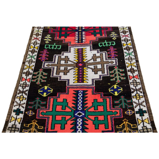 Tribal Vintage Brown Turkish Handmade Multicolor Tribal Pattern Wool Runner For Sale - Image 3 of 11