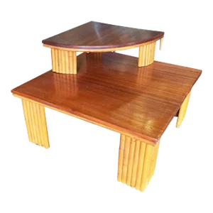 1950s Restored Two-Tier Stacked Rattan Leg Corner Table with Mahogany Top