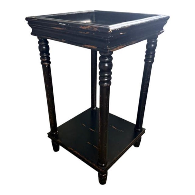 Mid-Century Modern Vintage Black Distressed Wood Two-Tier Side Table With Gallery Top For Sale - Image 3 of 7