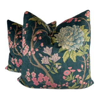 Liberty of London "Porcelain Trail Velvet" in Ink 22" Pillows-a Pair For Sale