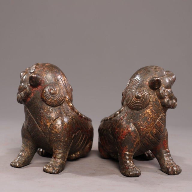 Pair of Antique Gilt Bronze Pixiu Statues, Mythical Beast Figures, 1.37kg For Sale In Los Angeles - Image 6 of 9