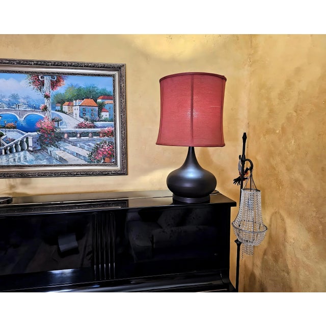 2000s Transitional Onion Shaped Metal Table Lamp in Chocolate Color With Watermelon Drum Shade For Sale - Image 12 of 12