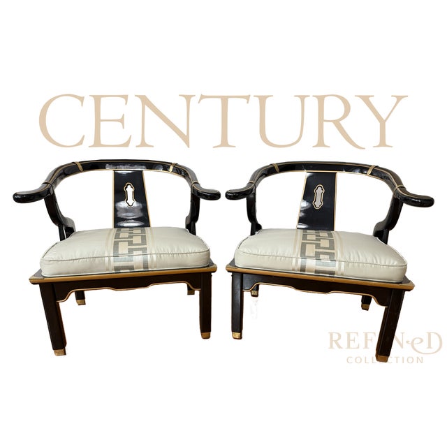 Striking pair of Hollywood Regency lounge chairs by Century Furniture Company, designed in the manner of James Mont. These...