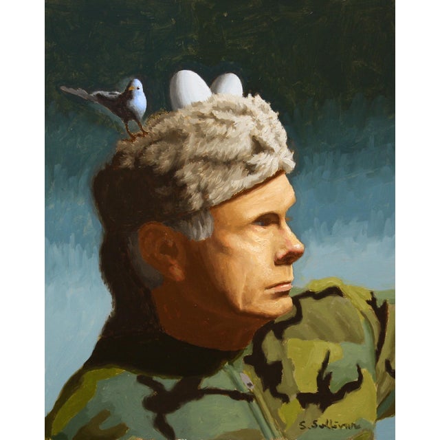 Scout by Shawn Sullivan | Oil on Panel Portrait of a man with a bird on his hat For Sale