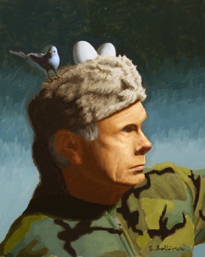 Scout by Shawn Sullivan | Oil on Panel Portrait of a man with a bird on his hat