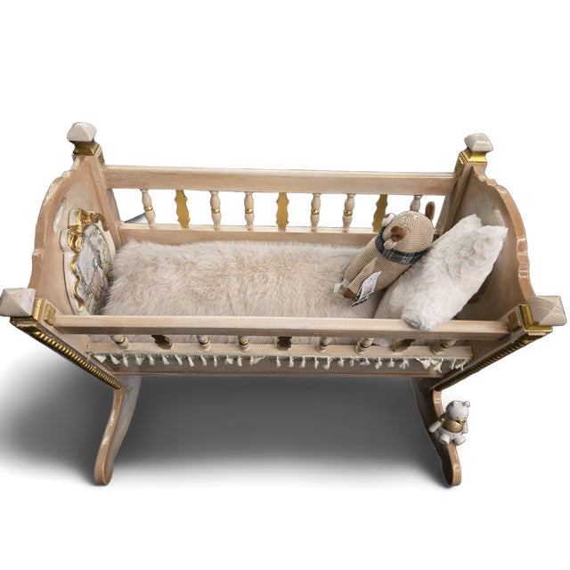 Metal Vintage Hand-Painted Nursery Rocking Set: Gold Accent Cradle & Rocking Chair For Sale - Image 7 of 11