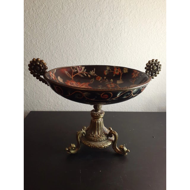 1980s 1970s Handpainted Moriage Ceramic Floral Compote on Solid Ornate Brass Pedestal For Sale - Image 5 of 7
