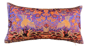 Hollywood Regency Blue & Gold Silk Embroidered Chinoiserie Boudoir Lumbar Pillow
