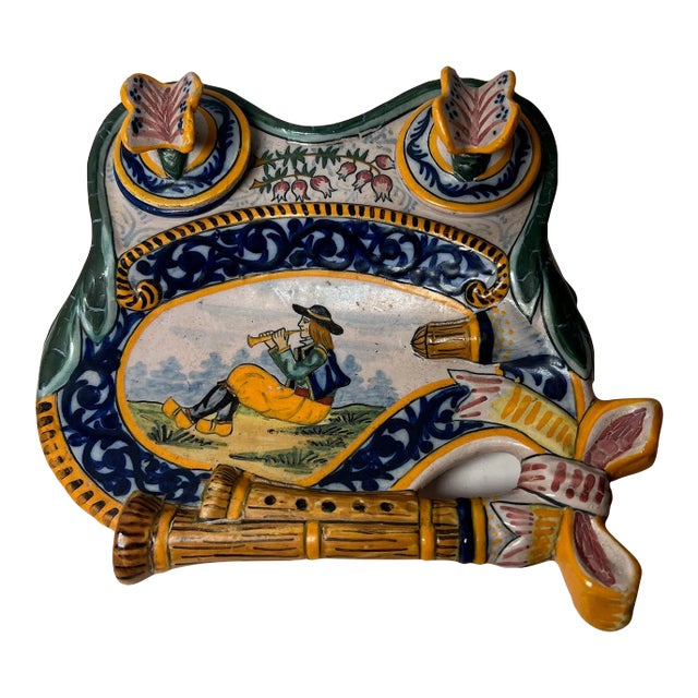 Stunning Antique Quimper French Faience Inkwell Tray For Sale