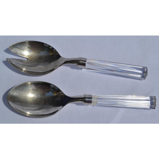 Baccarat 1960s Christofle Hotel Style Serving Silverplate Spoons Faceted Crystal Handle - Set of 2 For Sale - Image 4 of 12