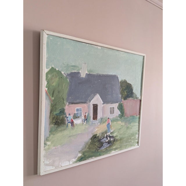 Mid-Century Modern 'Cottage Garden Gathering' Vintage Original Landscape Oil Painting, Framed For Sale - Image 4 of 10