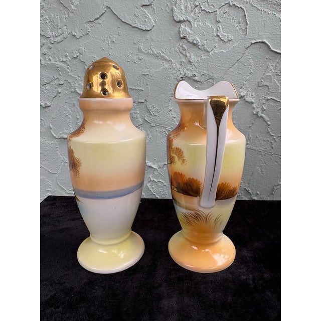 1950s Vintage Noritake “Tree in the Meadow” Hand-Painted Berry Sugar Shaker & Creamer Set, Japan For Sale - Image 5 of 9