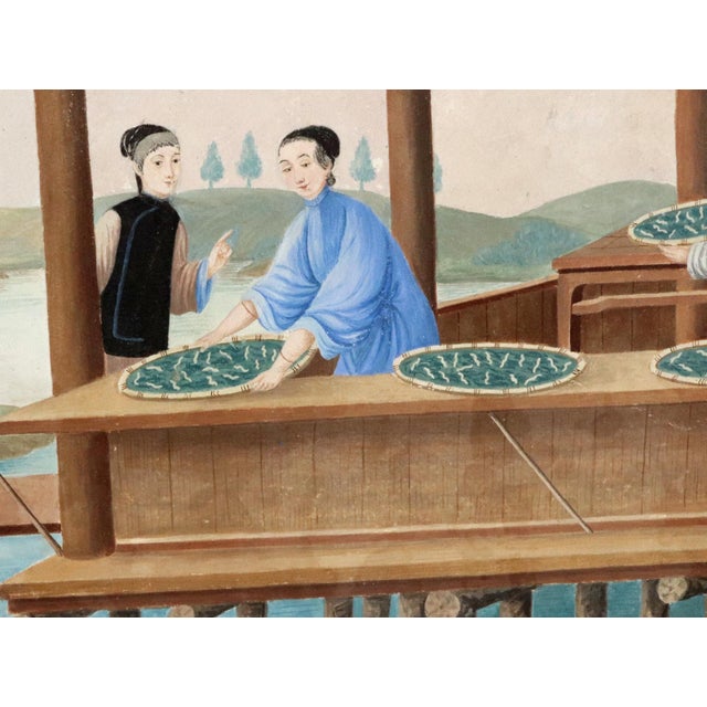 Chinese Fine China Trade Watercolor on Paper: Silk Processing—Feeding of Silkworms Circa 1780–1820 For Sale - Image 3 of 13