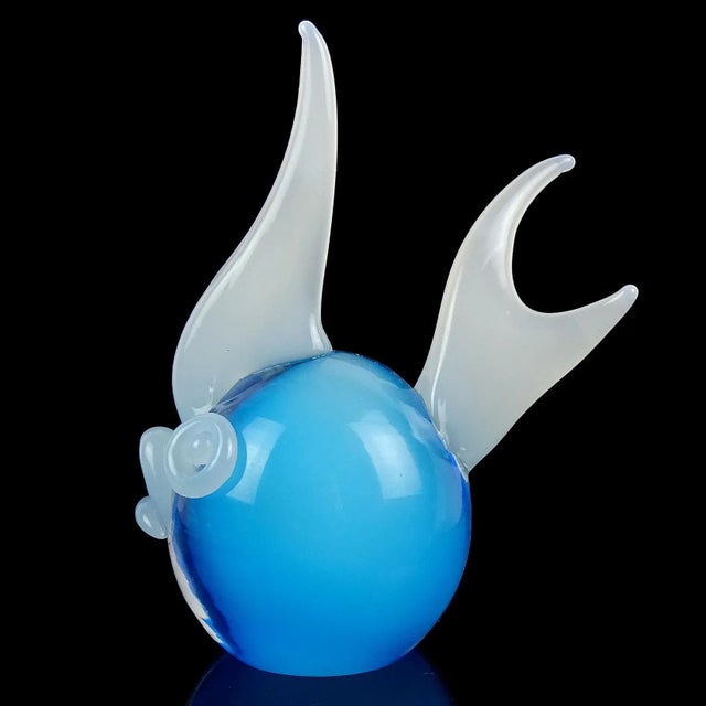 Beautiful vintage Murano hand blown opalescent cobalt blue and white opalescent Italian art glass fish sculpture /...