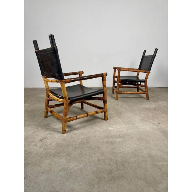 Italian Bamboo and Leather Lounge Chairs, 1970s, Set of 2 For Sale - Image 6 of 12