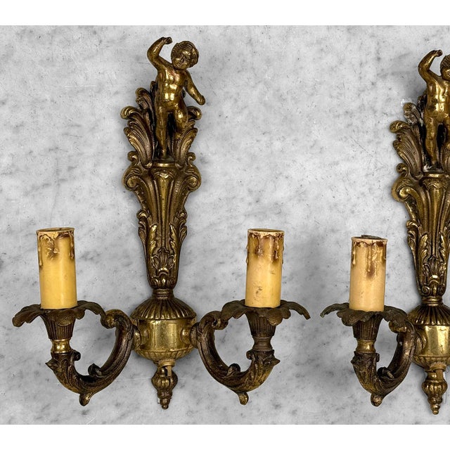 Vintage Baroque Gold Gilded Cherub Double Arm Wall Sconces - A Pair For Sale - Image 6 of 14