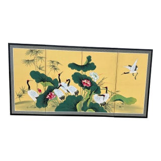 Vintage Asian Hand-Painted Four-Panel Folding Table Screen With Crane and Lotus Flower Landscape Ebony Lacquer Wood Frame With Etched Brass Hardware For Sale