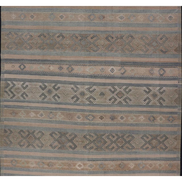 Tribal Vintage Turkish Kilim Rug With Horizontal Stripes in Taupe and Neutral Colors For Sale - Image 3 of 11