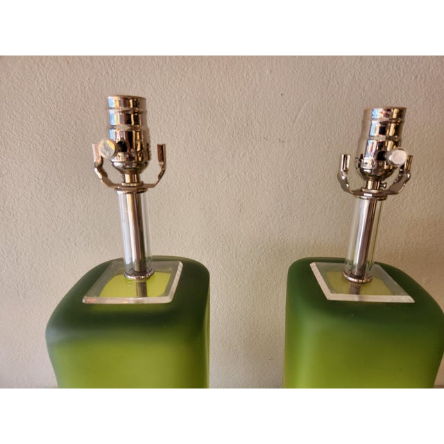 Art Deco Vintage Green Gradient Glass Lamp - a Pair For Sale - Image 3 of 4