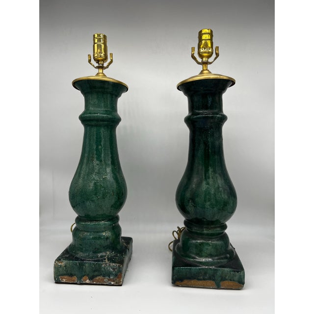 Rustic European Late 19th Century Glazed Terracotta Baluster Lamps - a Pair For Sale - Image 3 of 4