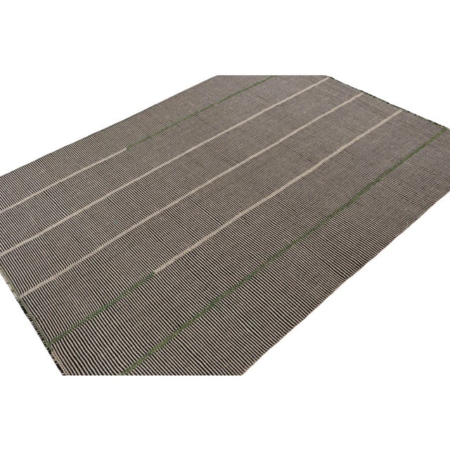 Modern 2010s Rug & Kilim’s Contemporary Kilim Rug in Black, Beige and Green Stripes For Sale - Image 3 of 8