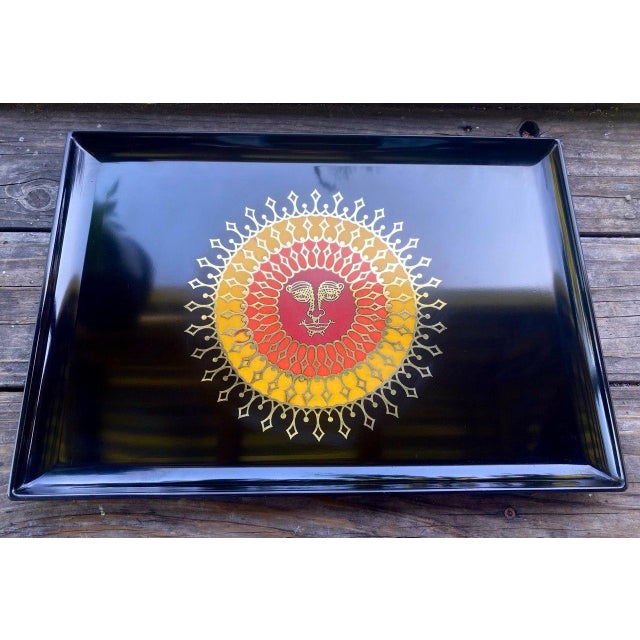 Rare vintage Couroc of Monterey serving tray featuring an extraordinary stylized sunburst motif with abstract face design...