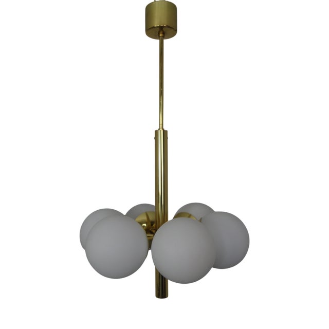 Sputnik Brass and Glass Ceiling Chandelier from Kaiser Idell / Kaiser Leuchten, Germany, 1960s For Sale