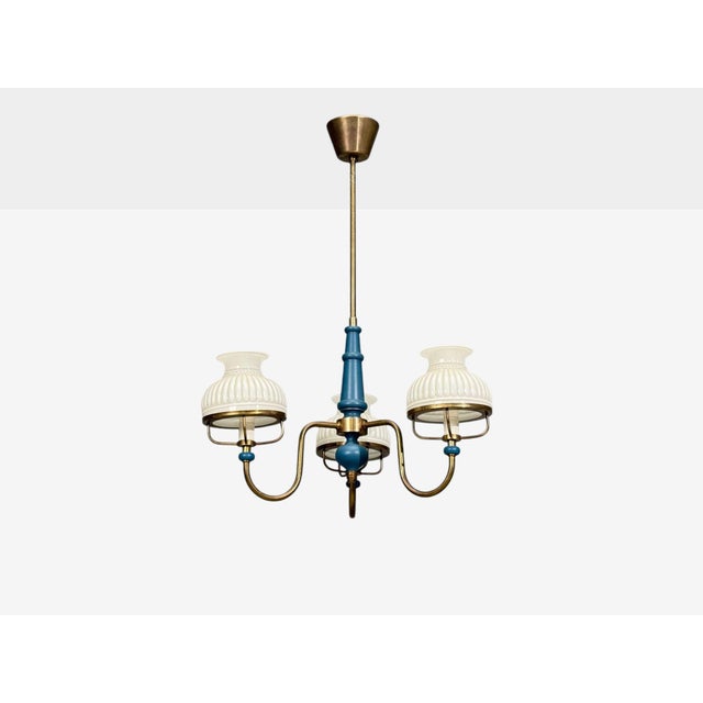 1940s Swedish Modern, Pendant Light, Blue Lacquered Wood, Glass, Brass For Sale In New York - Image 6 of 12